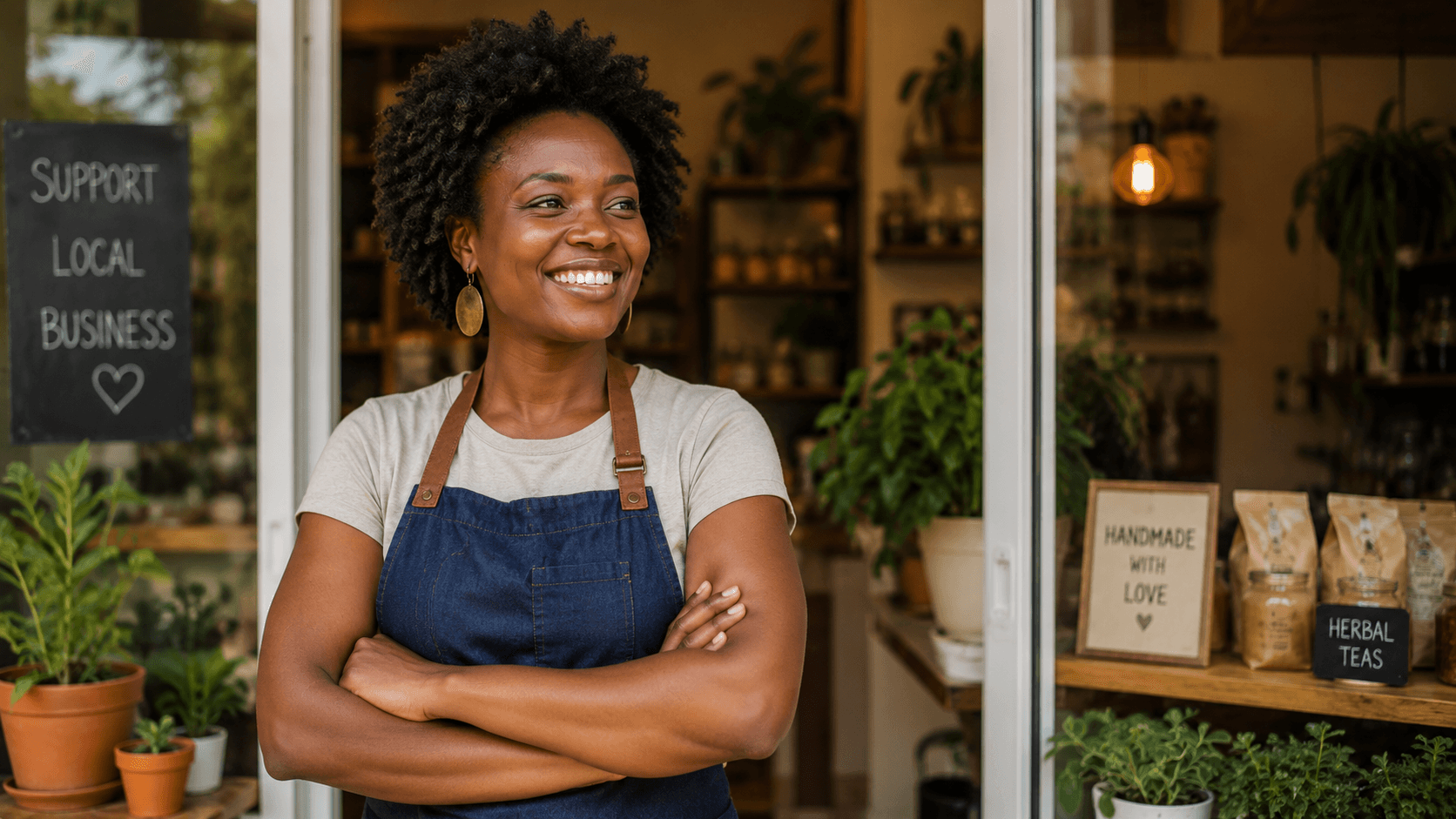 A confident small business owner stands arms-crossed in her shop doorway beside a 'Support Local Business' sign, shelves of handmade goods and herbal teas visible behind her.